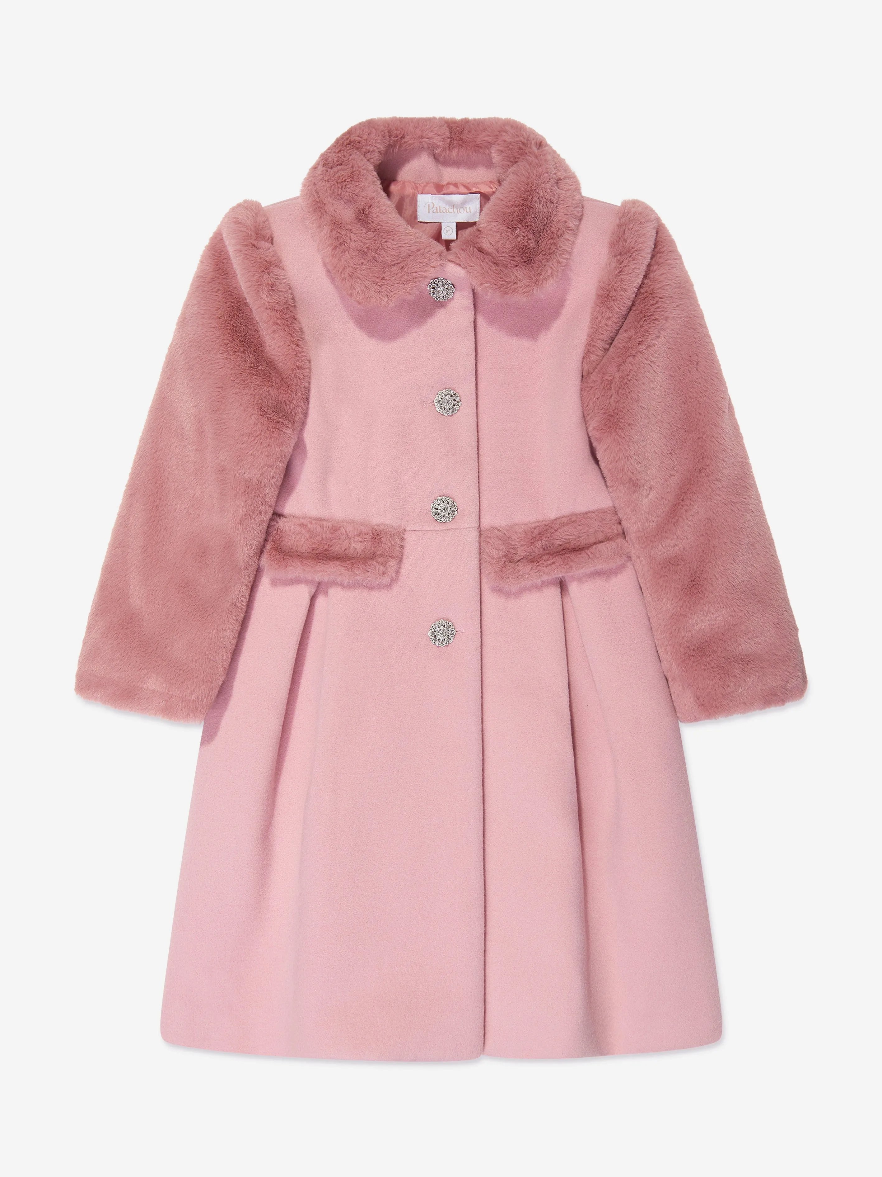 Patachou Girls Felted and Faux Fur Coat in Pink