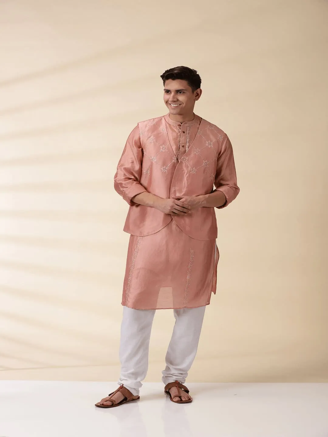 Peach Chanderi Men Nehru Jacket