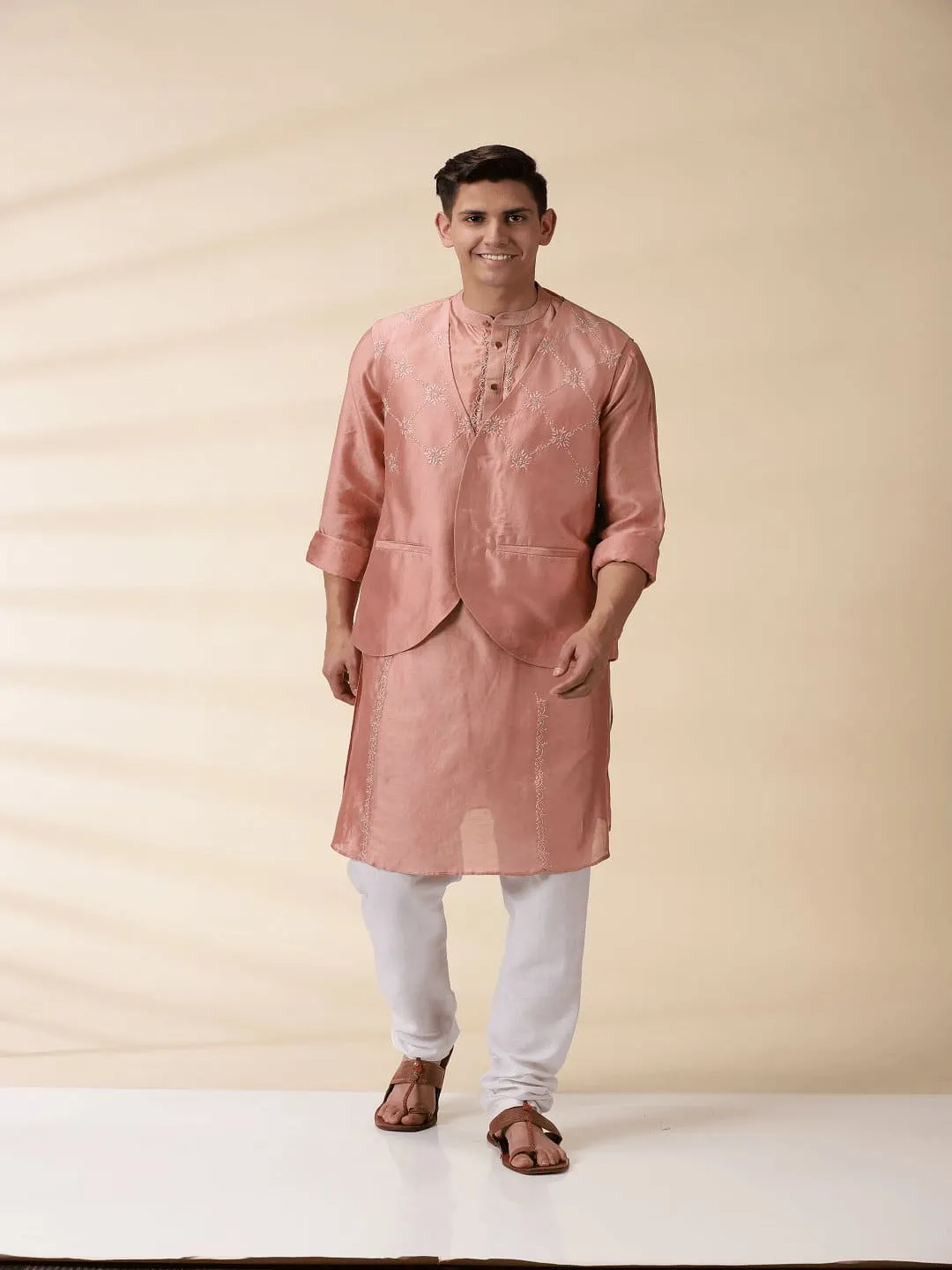 Peach Chanderi Men Nehru Jacket