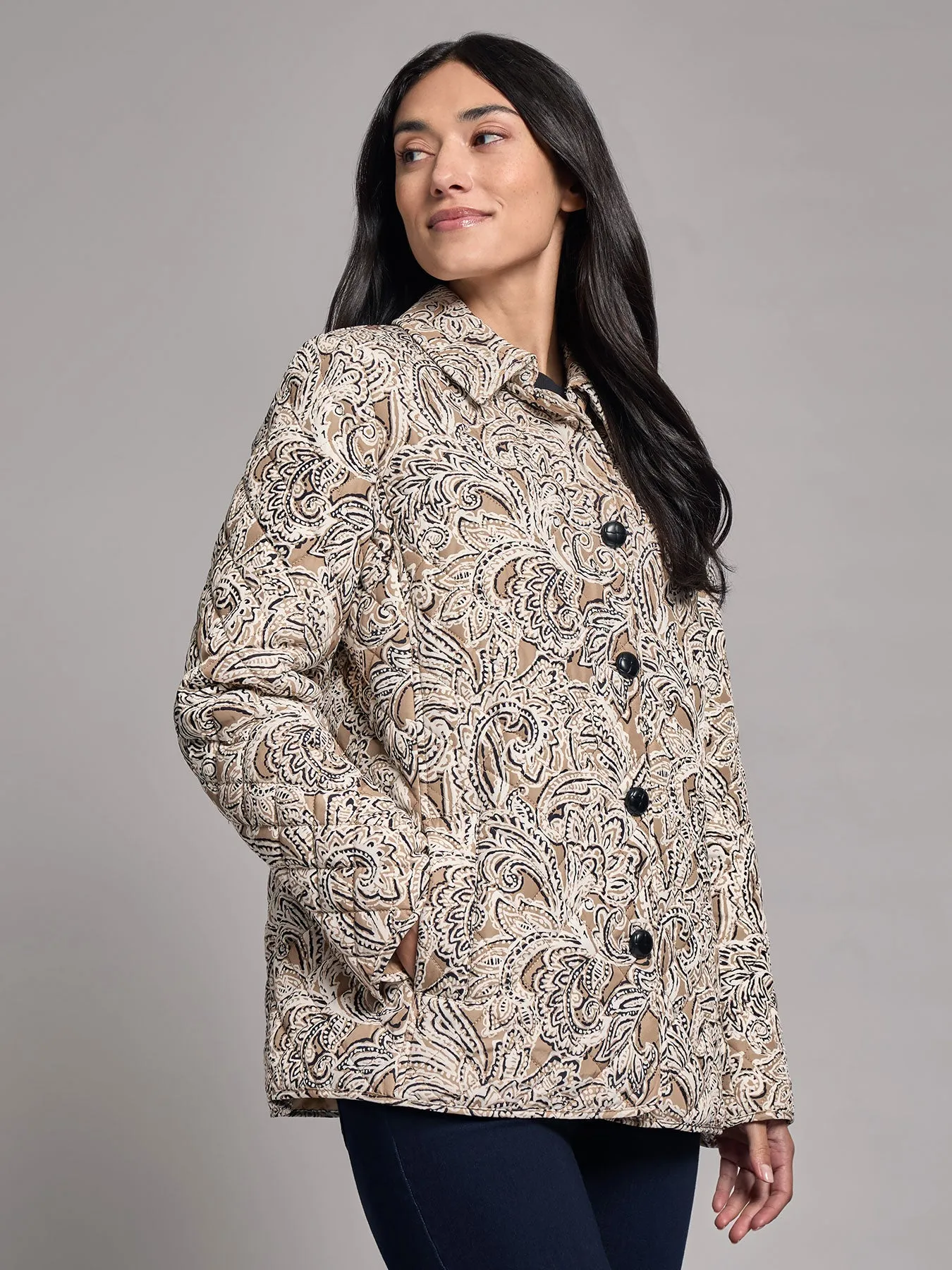 Petite Five-Button Print Quilted Jacket