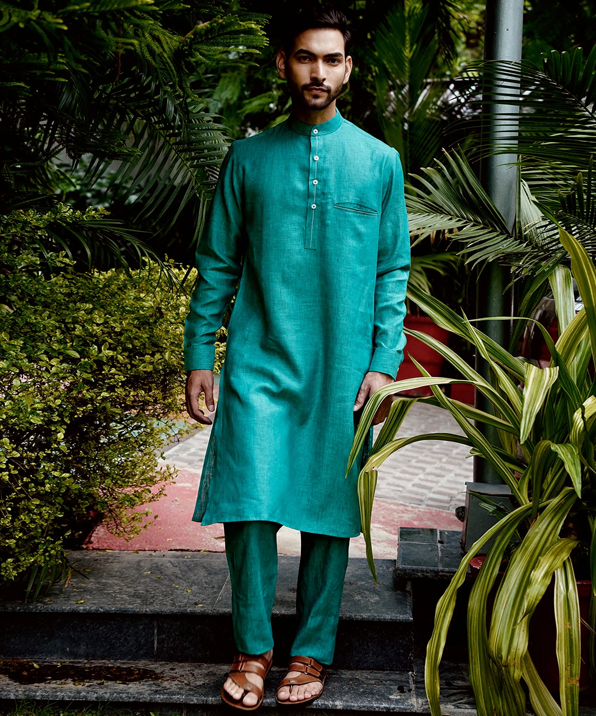 Pine Green Linen Kurta Pyjama Set