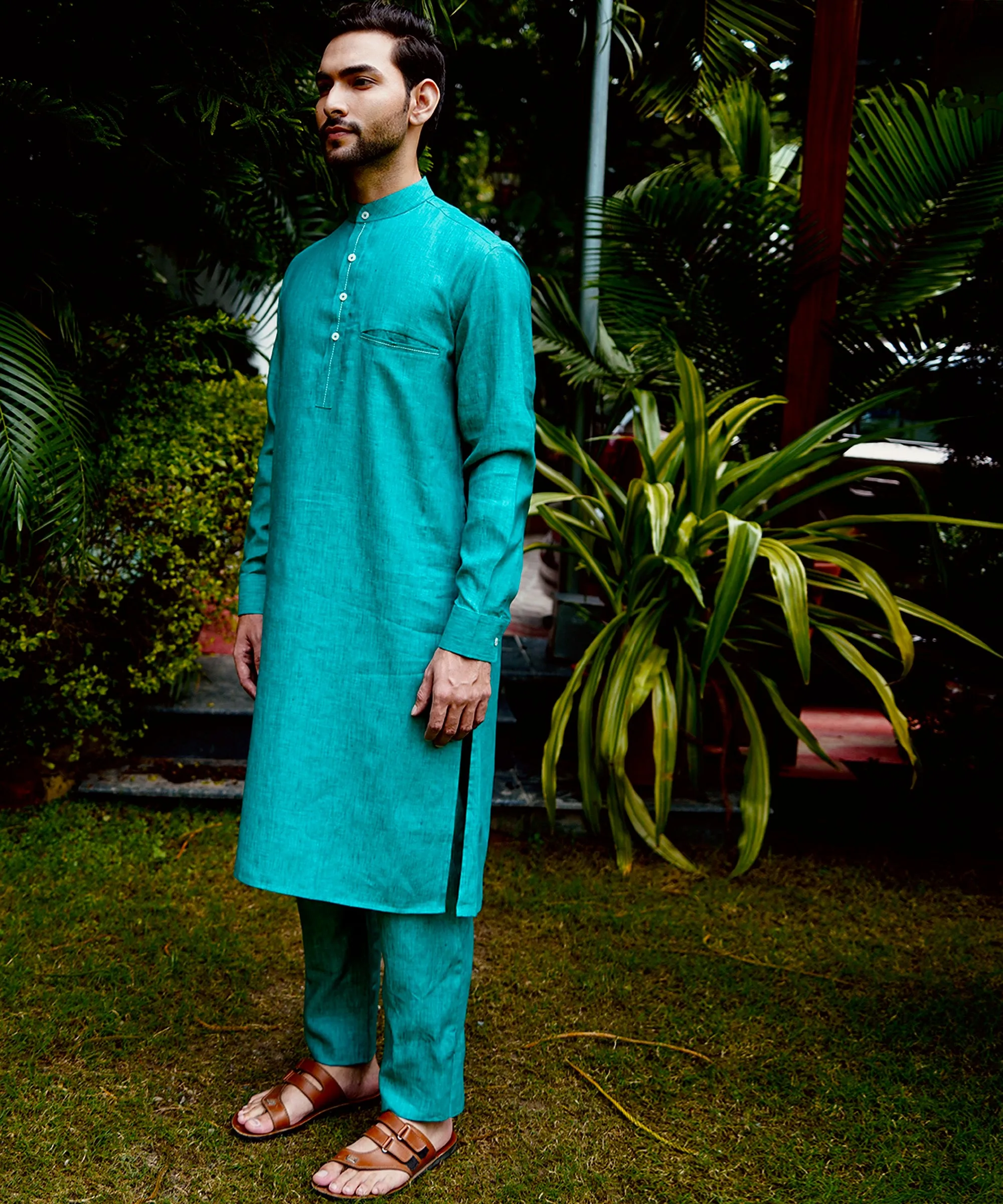 Pine Green Linen Kurta Pyjama Set