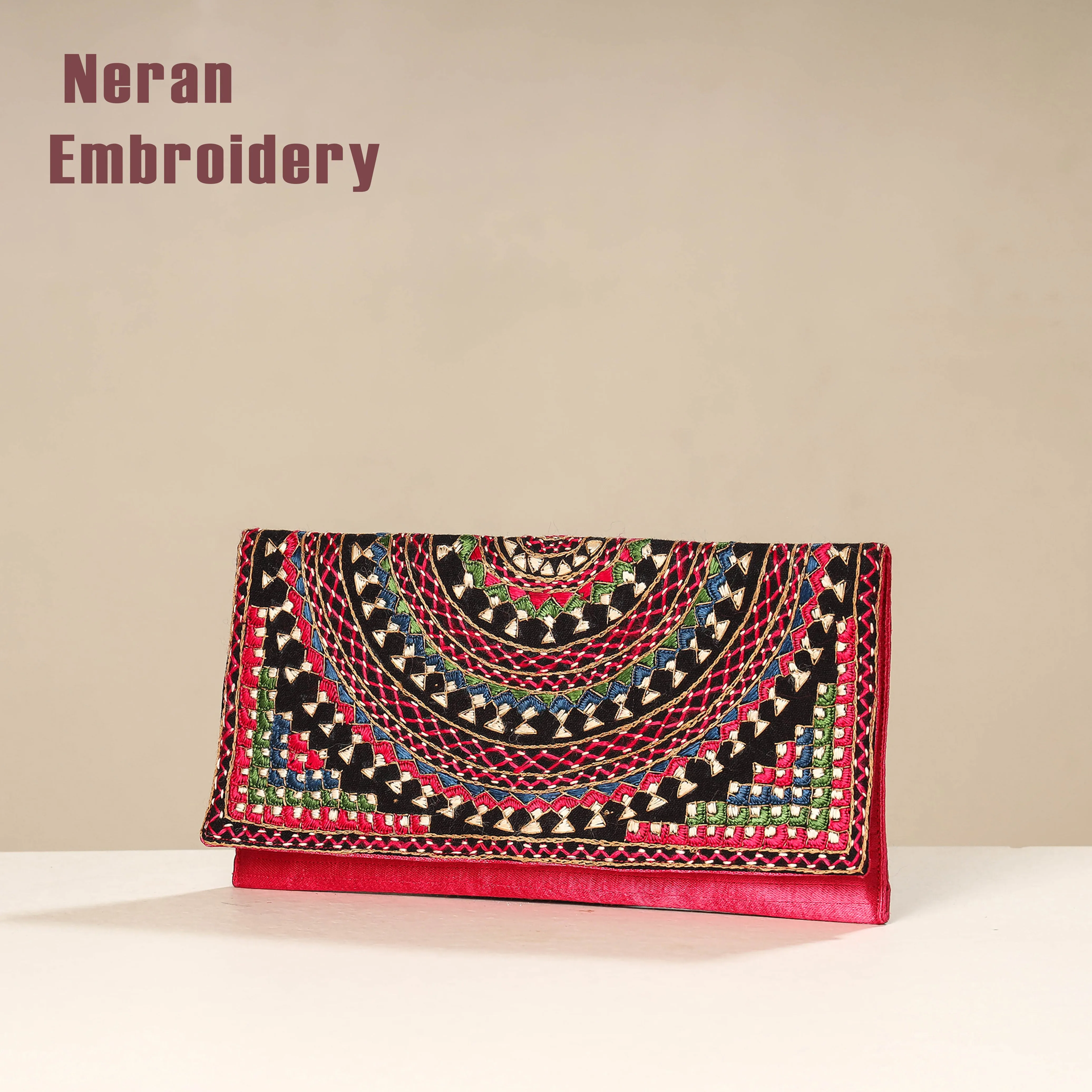 Pink - Kutch Neran Embroidery Mashru Silk Wallet