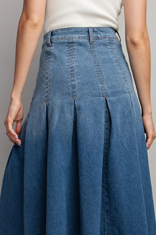 Pleated Denim Midi Skirt 9609