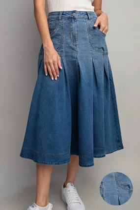 Pleated Denim Midi Skirt 9609