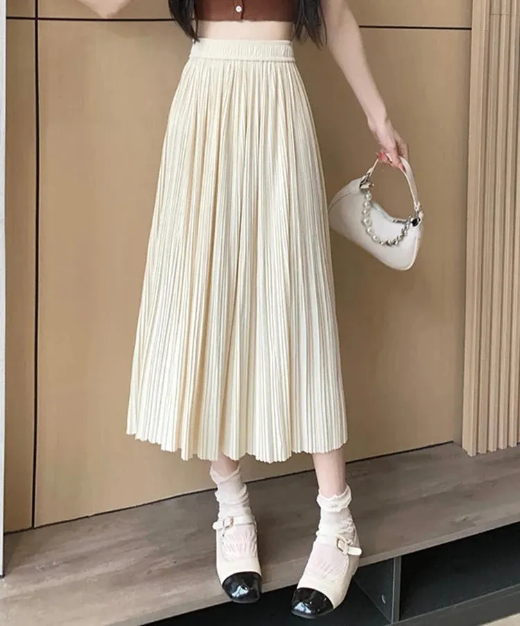 Pleated Skirt Womens Pring Summer Korean Version Slim Versatile High-Waist Pleated Mid-Length Casual A-Line Skirt