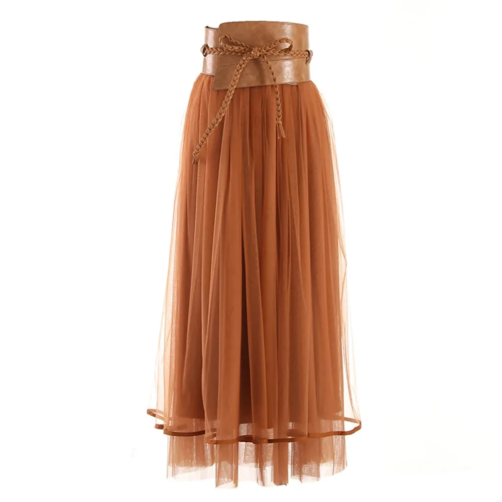 Pleated Skirts For Women High Waist Patchwork Drawstring Elegant A Line Skirt Female Summer Fashion Clothing