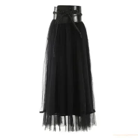 Pleated Skirts For Women High Waist Patchwork Drawstring Elegant A Line Skirt Female Summer Fashion Clothing