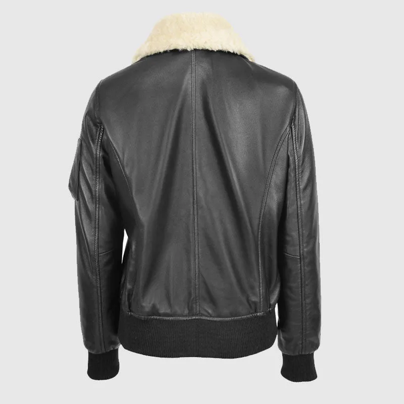 Premium Quality Womens Leather Bomber Jacket Removable Collar Thea Black