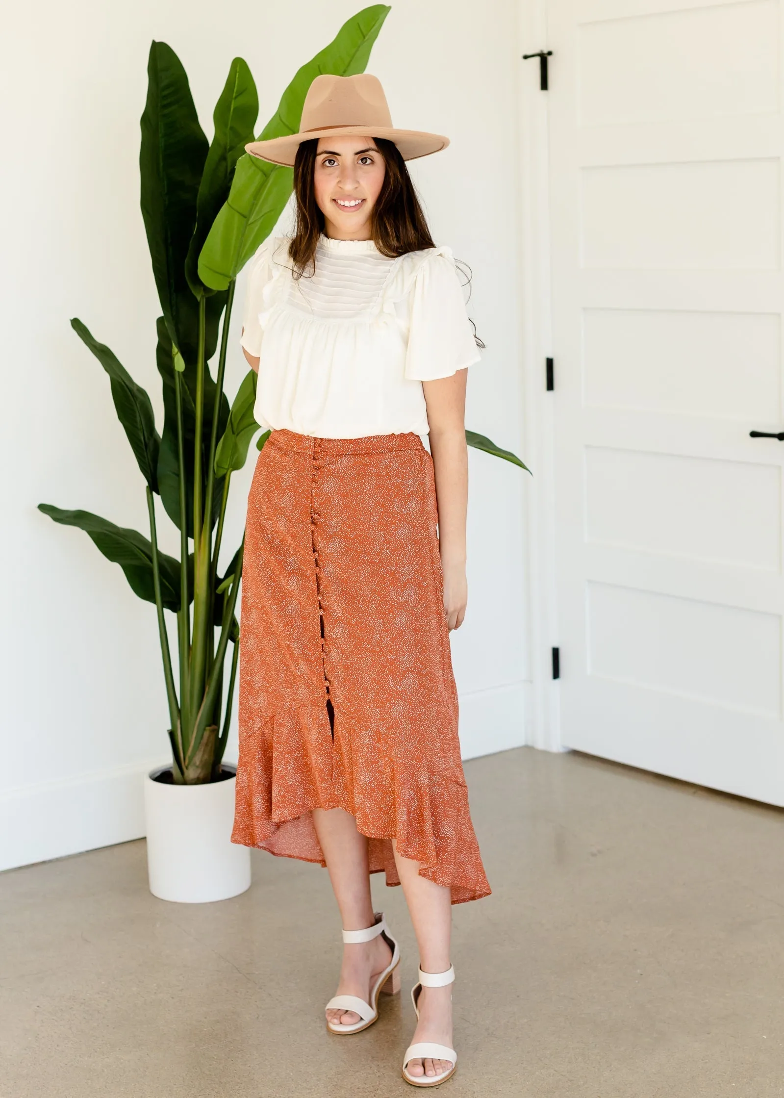 Printed Ruffle Button Front Midi Skirt - FINAL SALE