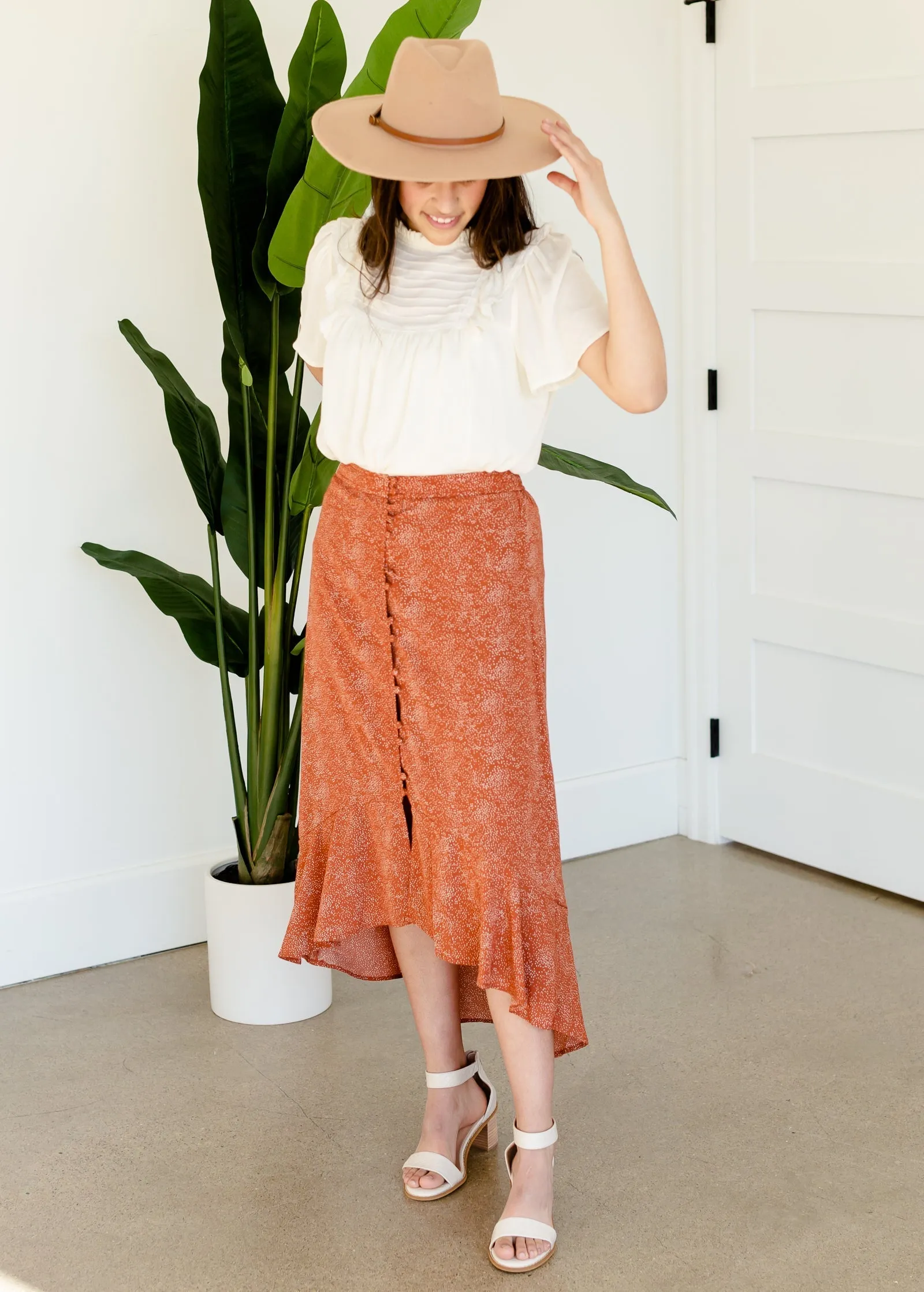 Printed Ruffle Button Front Midi Skirt - FINAL SALE