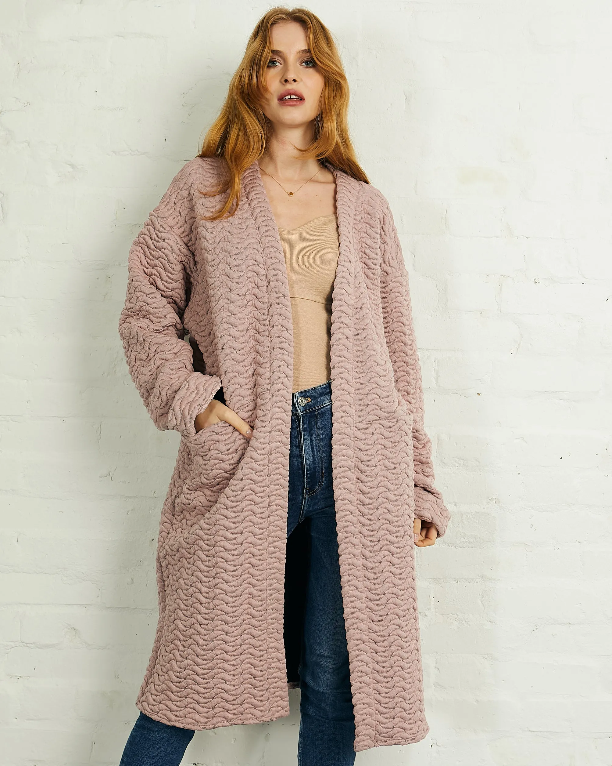 Quilted Long Open Front Coat with Pockets in Pink | Cali