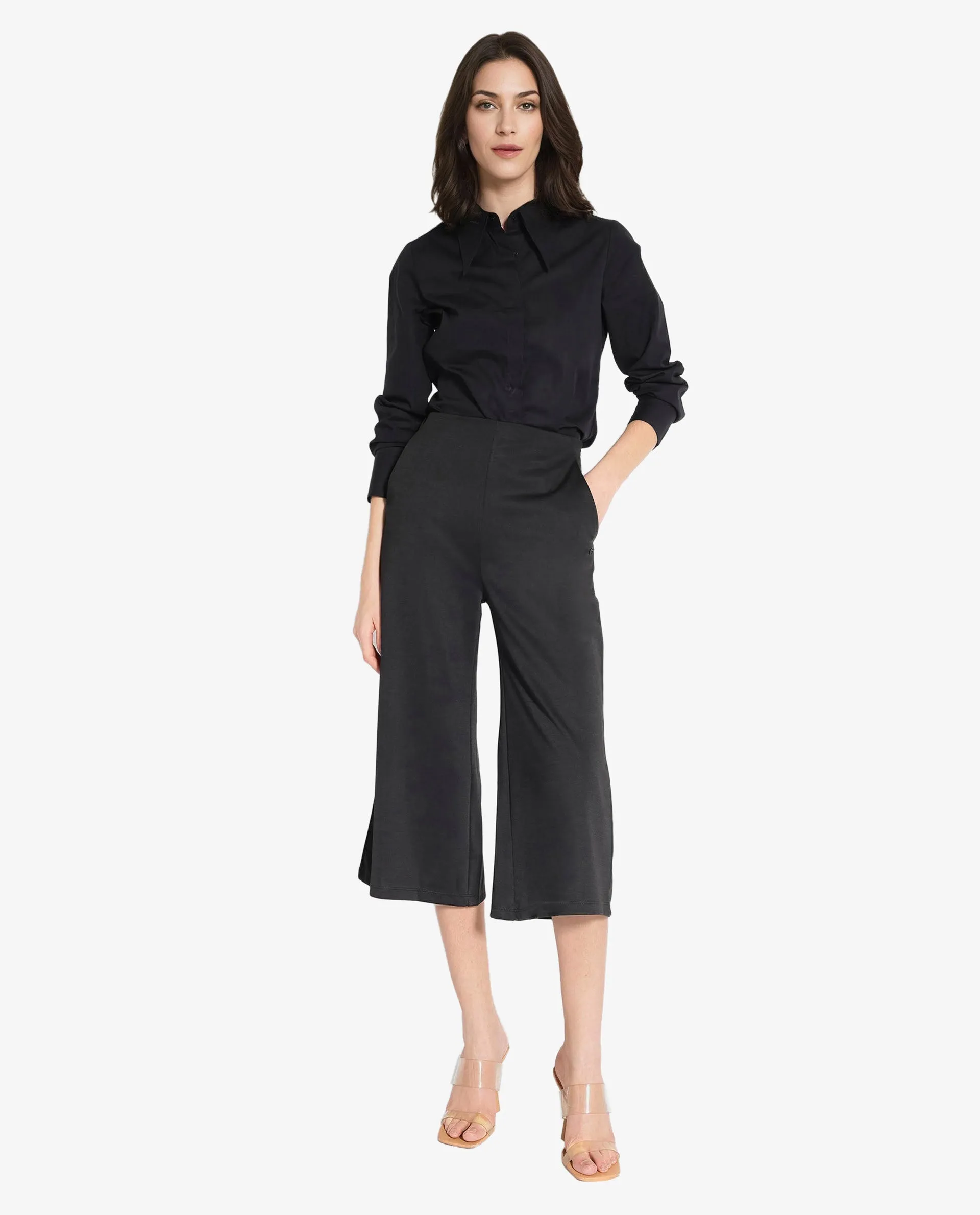 Rareism Women Shoyo Black Polyester Fabric Zip Closure Flared Fit Plain Midi Culottes