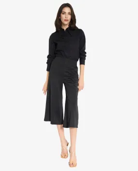 Rareism Women Shoyo Black Polyester Fabric Zip Closure Flared Fit Plain Midi Culottes