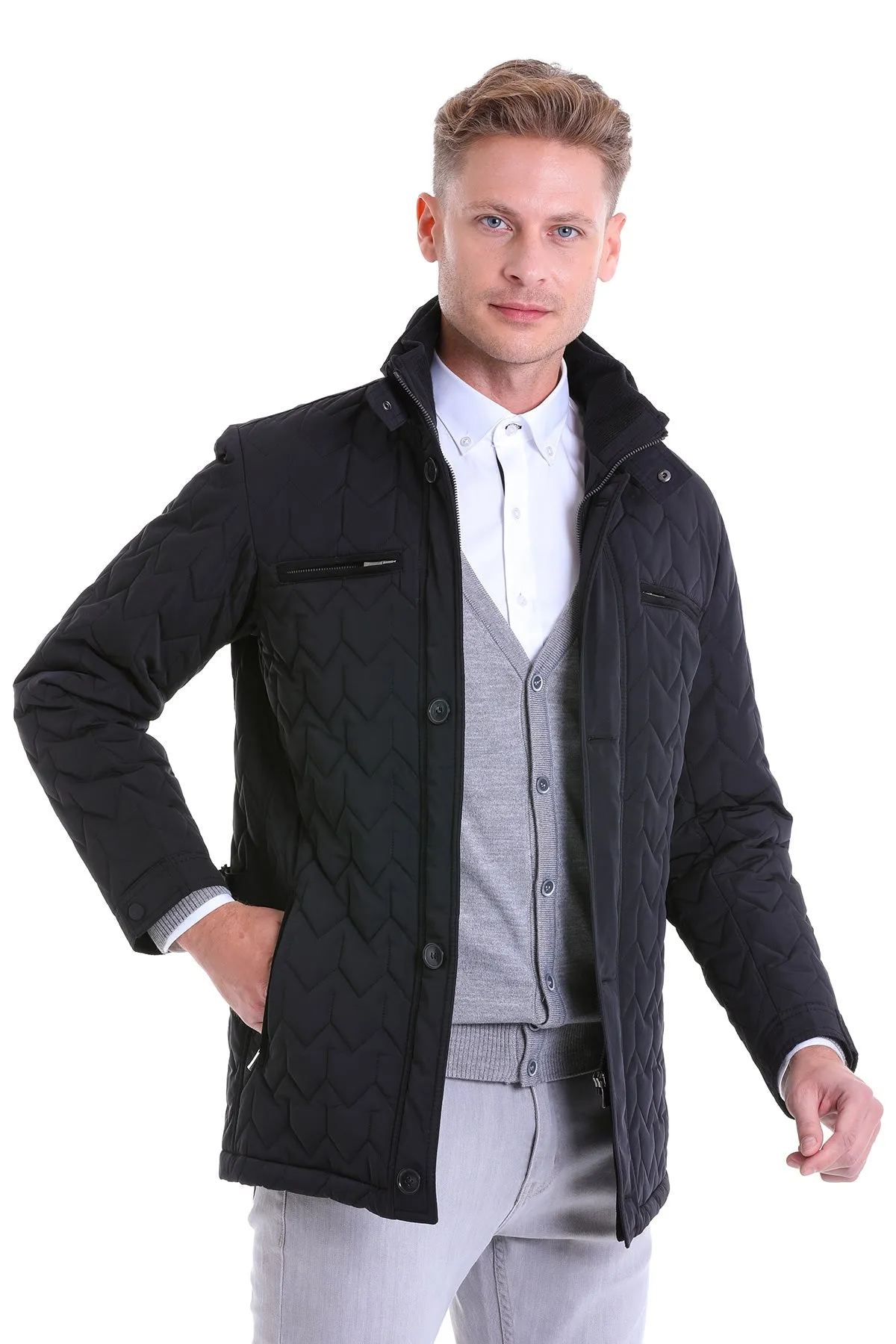 Regular Fit Quilted 1655 Stand Collar Khaki Coat, Black