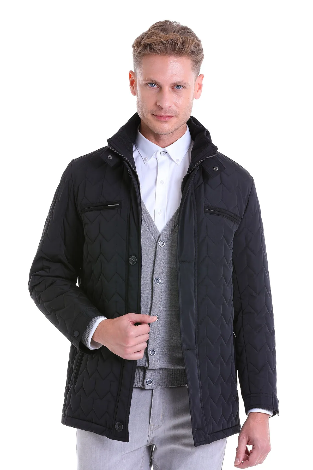 Regular Fit Quilted 1655 Stand Collar Khaki Coat, Black