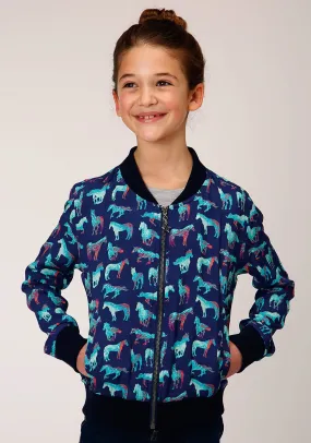 Roper Girls Blue Rayon/Nylon Wild Horse Bomber Jacket