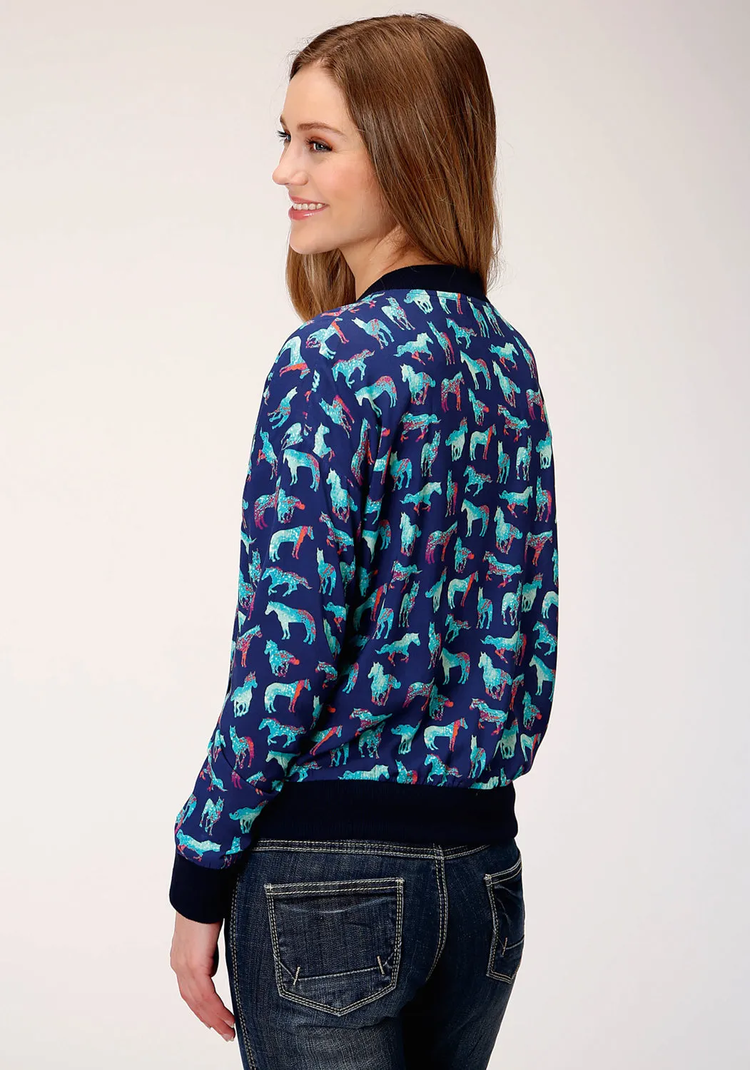 Roper Womens Blue Rayon/Nylon Wild Horse Bomber Jacket