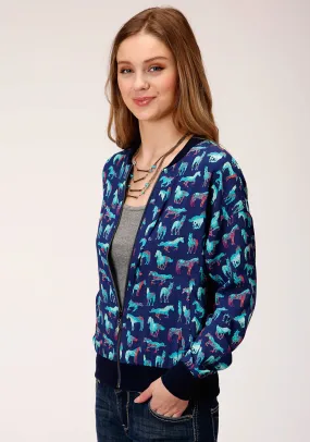 Roper Womens Blue Rayon/Nylon Wild Horse Bomber Jacket