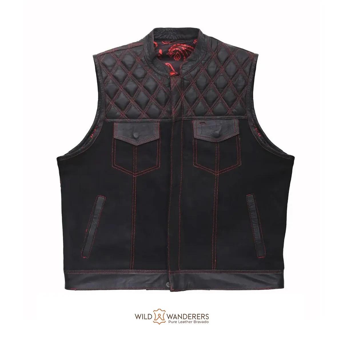 Rugged Black Denim & Leather Paisley Diamond Vest