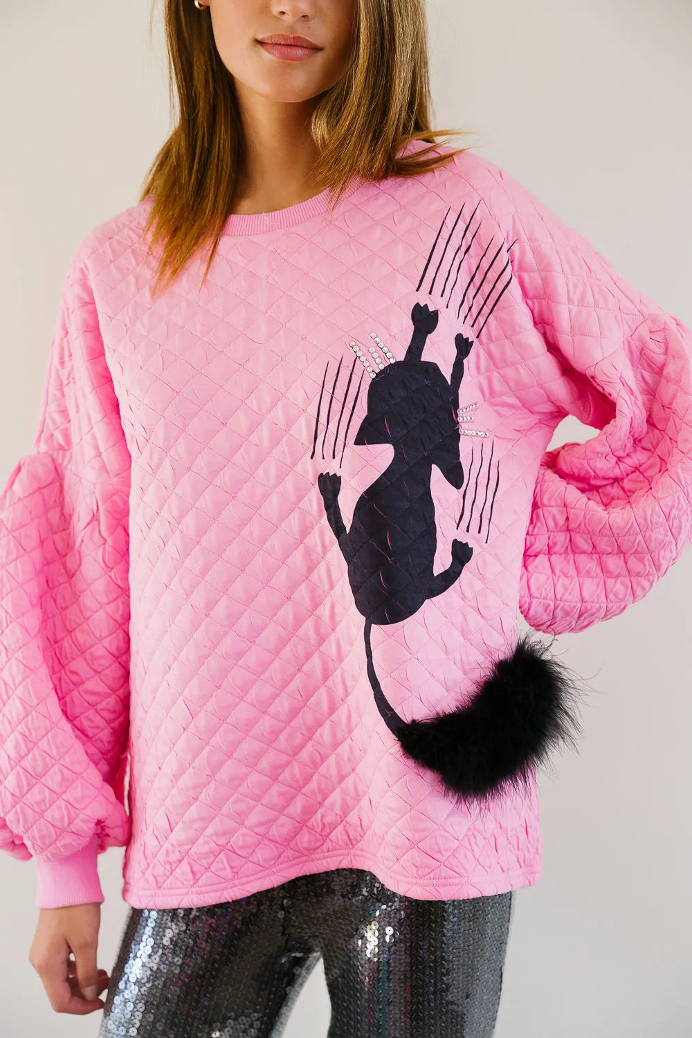 SCAREDY CAT PINK QUILTED PULLOVER