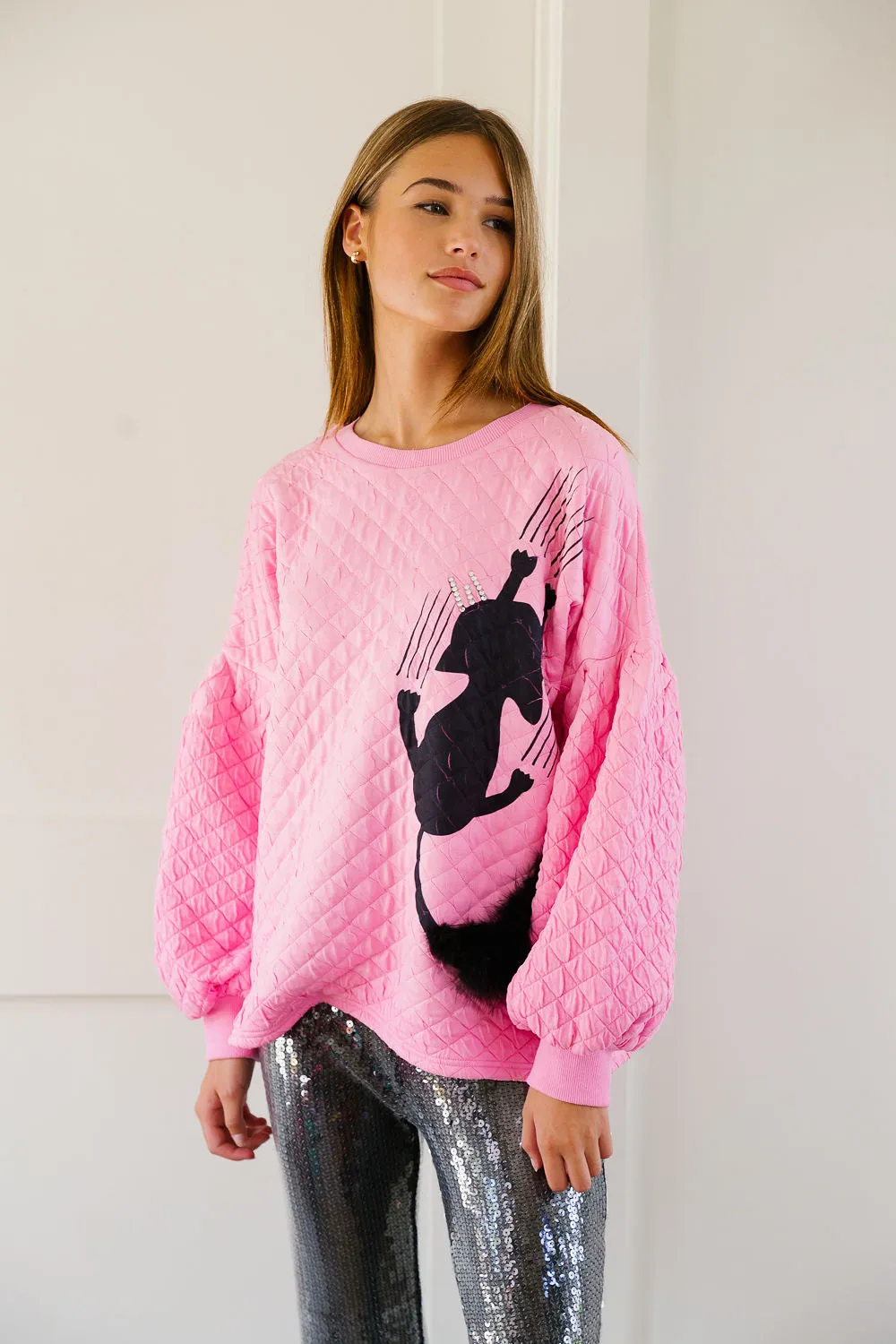 SCAREDY CAT PINK QUILTED PULLOVER