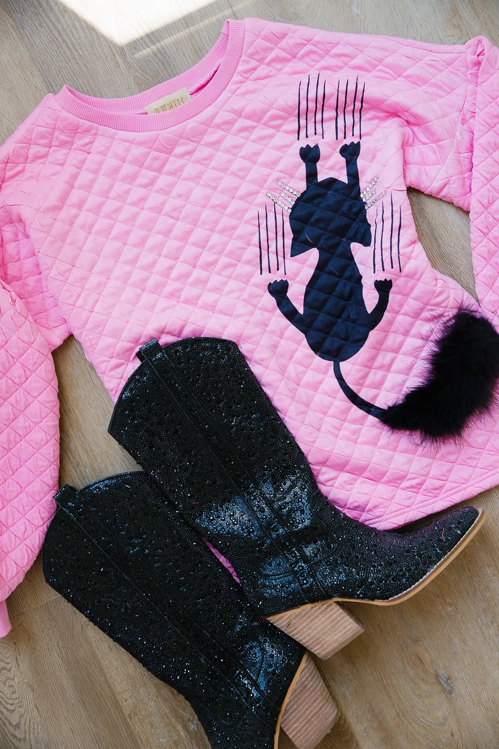 SCAREDY CAT PINK QUILTED PULLOVER