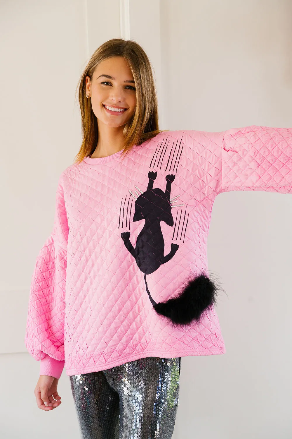 SCAREDY CAT PINK QUILTED PULLOVER