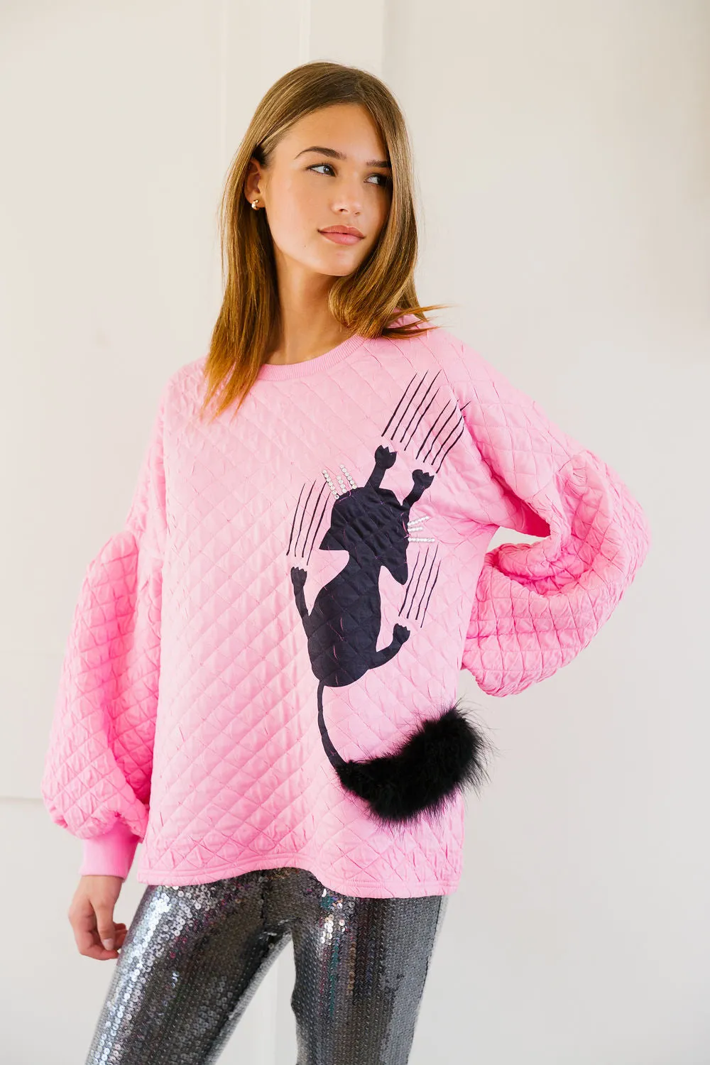 SCAREDY CAT PINK QUILTED PULLOVER