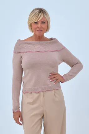 Schulterfreier Pulli mit Carmen-Ausschnitt, taupe