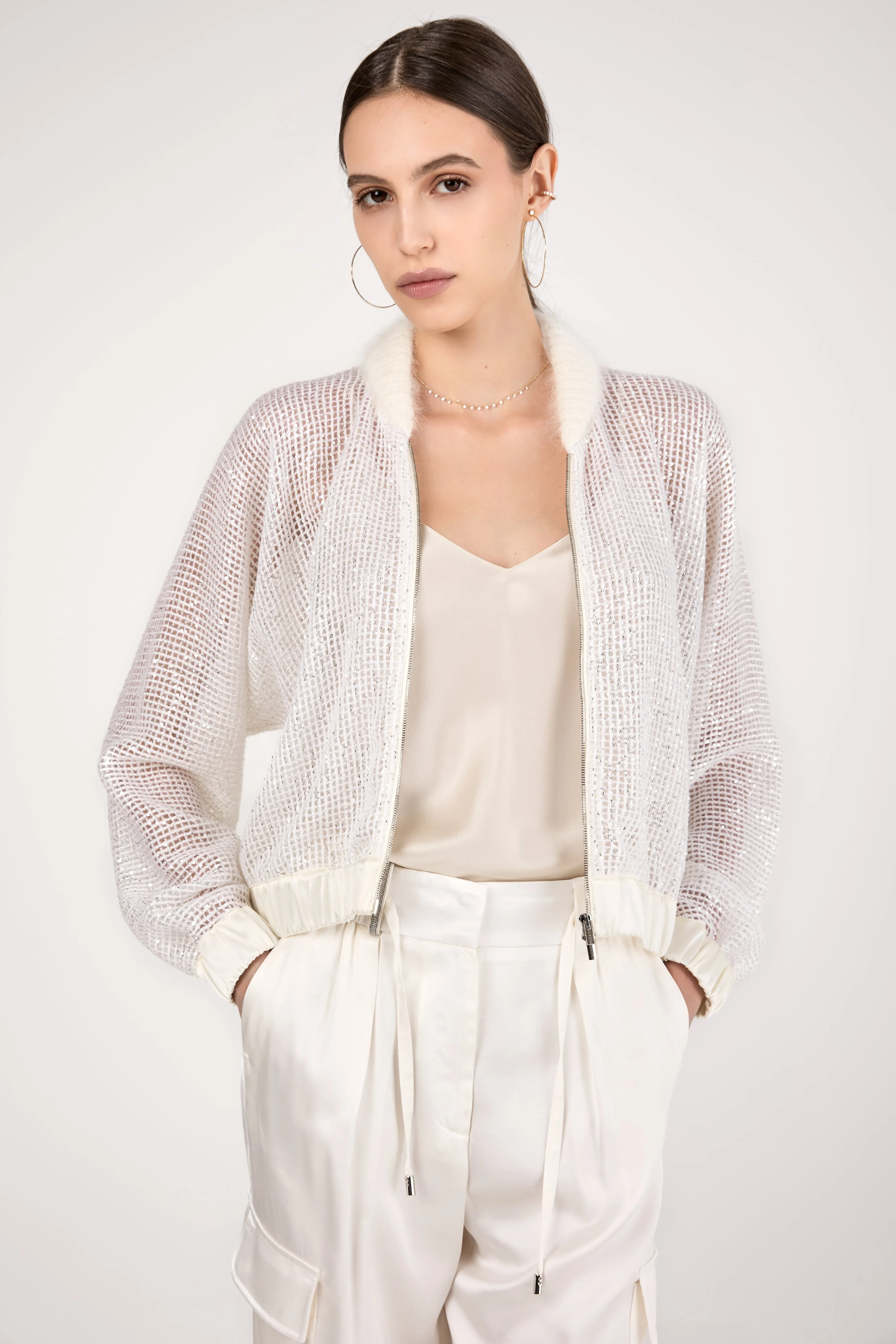 Sequined Mesh Bomber Jacket in Natural White