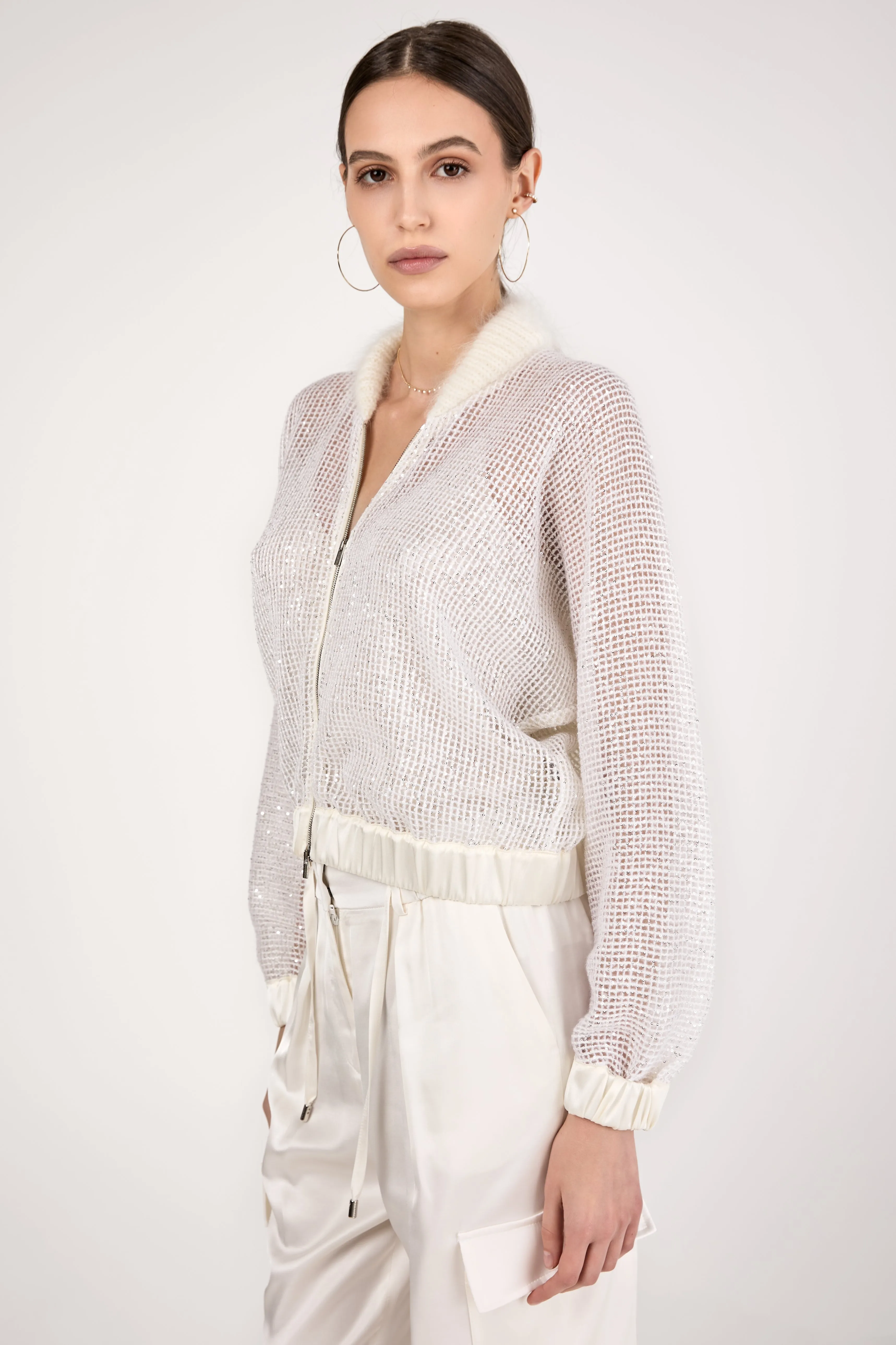 Sequined Mesh Bomber Jacket in Natural White