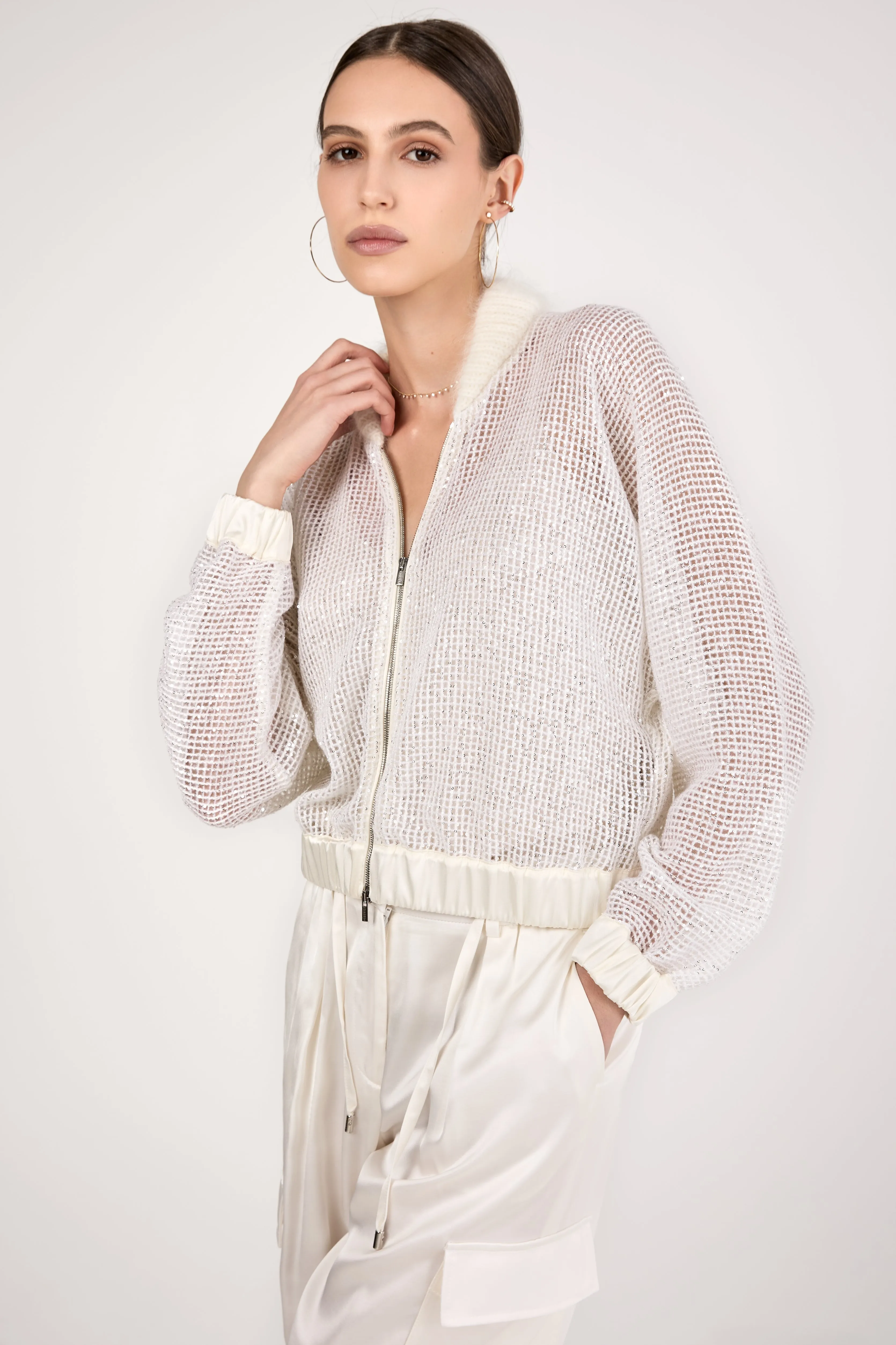 Sequined Mesh Bomber Jacket in Natural White