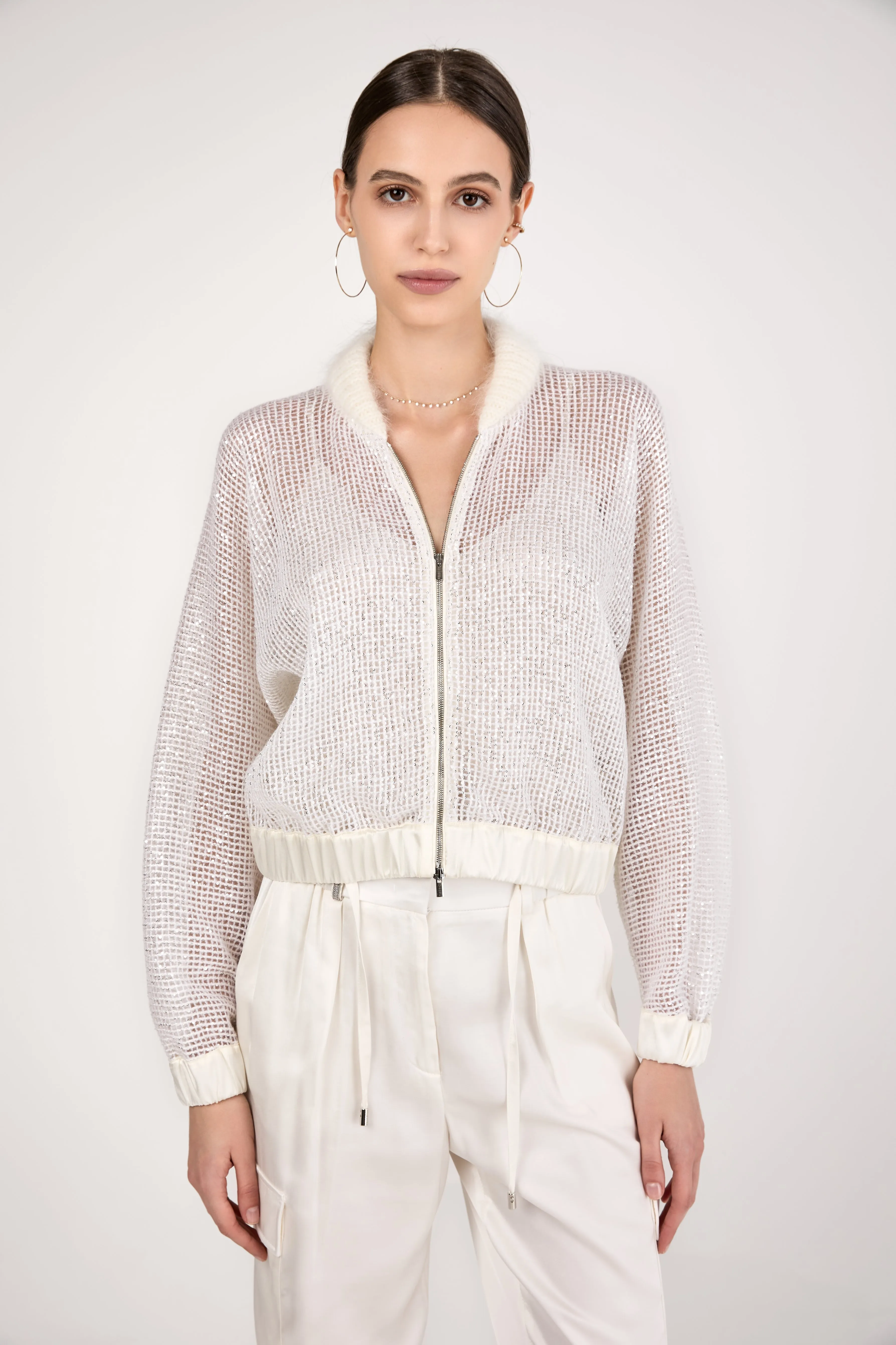 Sequined Mesh Bomber Jacket in Natural White