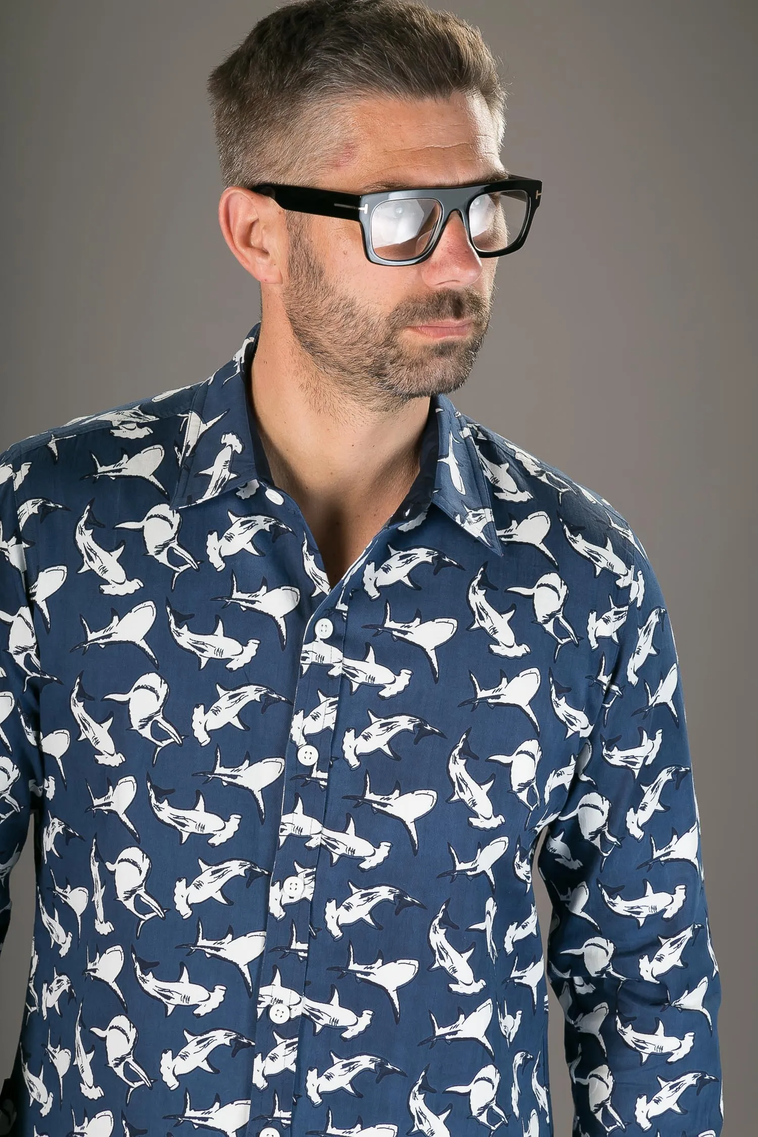 Shark Print Cotton Slim Fit Mens Shirt Long Sleeve