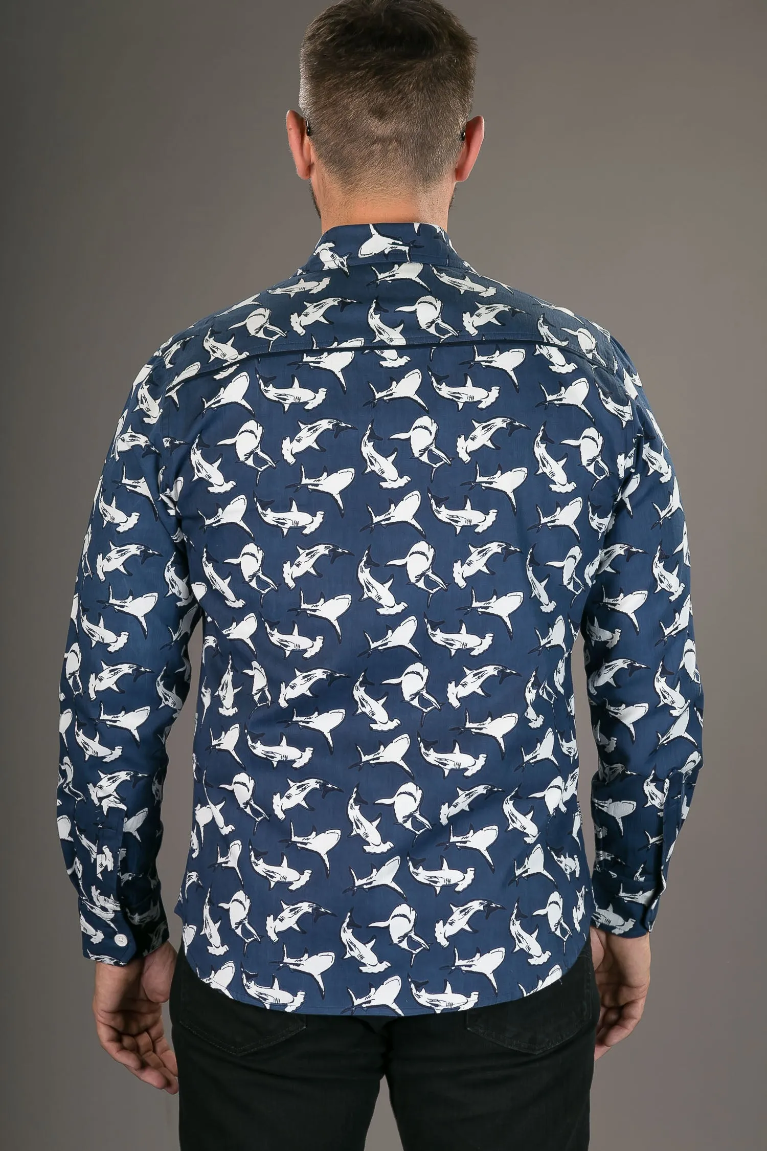 Shark Print Cotton Slim Fit Mens Shirt Long Sleeve