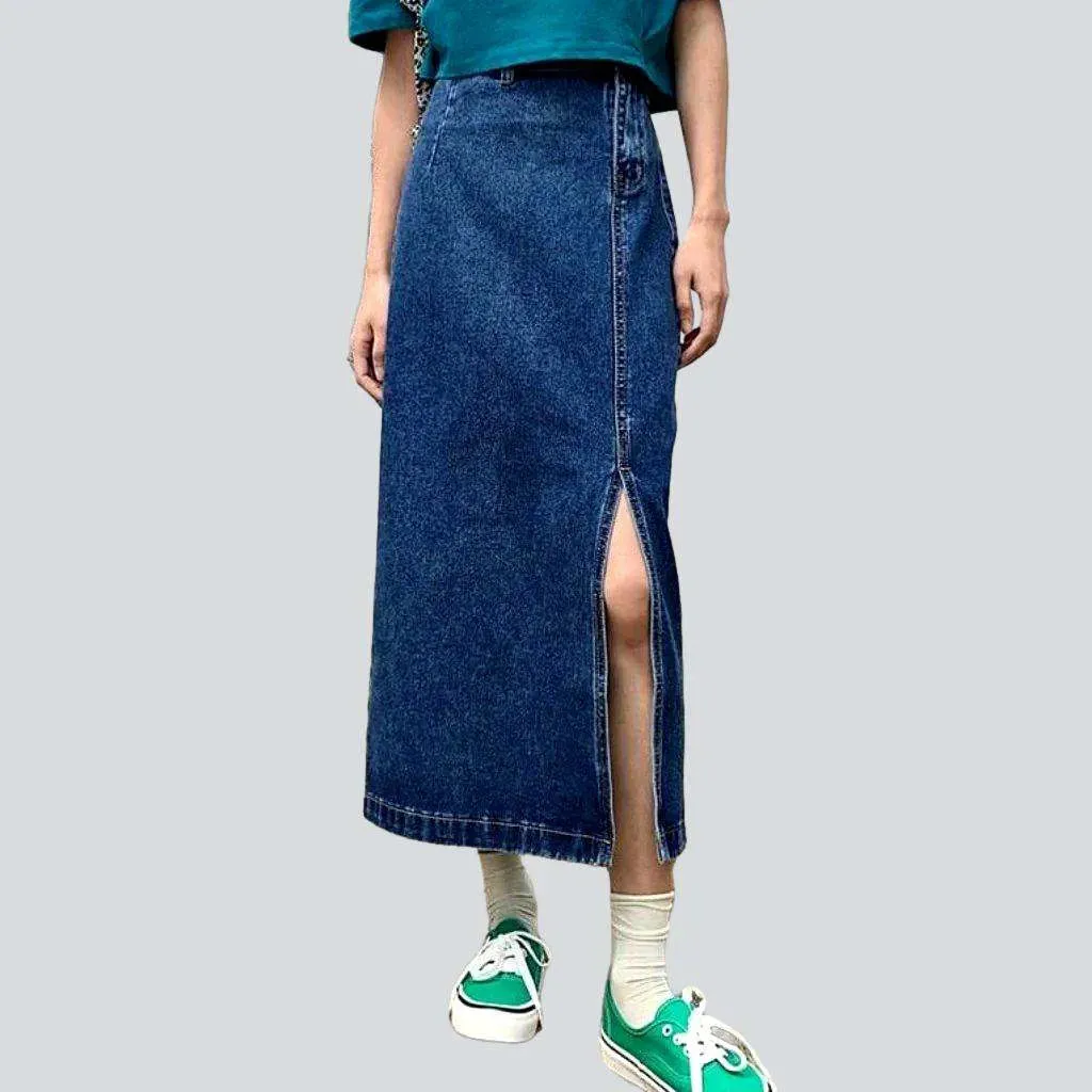 Side closure long denim skirt