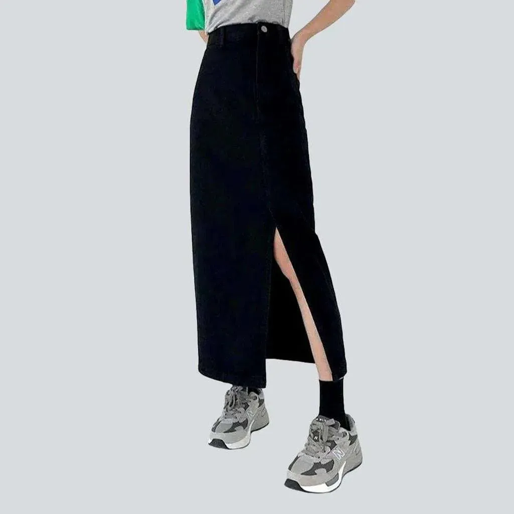 Side closure long denim skirt