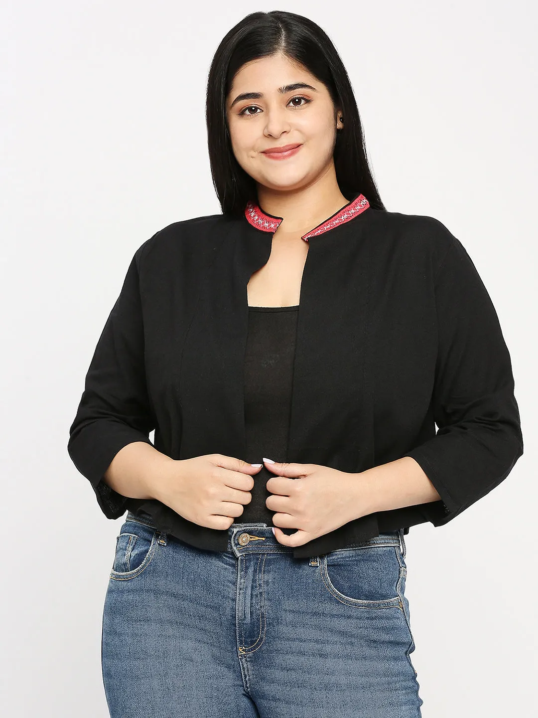 Style Quotient Plus Women Solid Black Cotton Smart Casual Crop Shrug