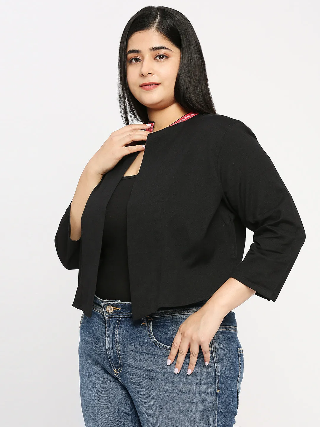 Style Quotient Plus Women Solid Black Cotton Smart Casual Crop Shrug