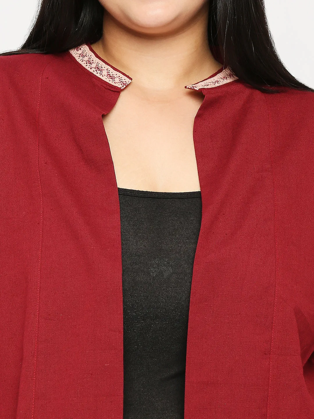 Style Quotient Plus Women Solid Wine Cotton Smart Casual Crop Shrug