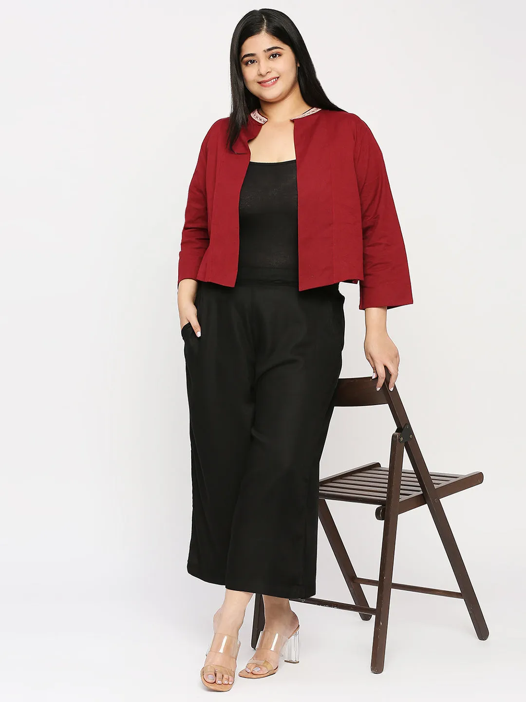 Style Quotient Plus Women Solid Wine Cotton Smart Casual Crop Shrug