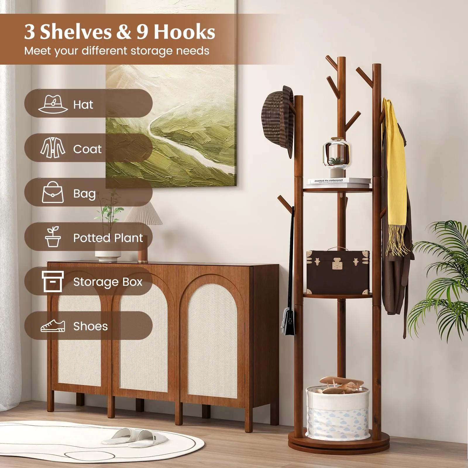 Tangkula Coat Rack Freestanding, Rotary Wooden Coat Tree with 3 Display Storage Shelves & 9 Hooks for Coats