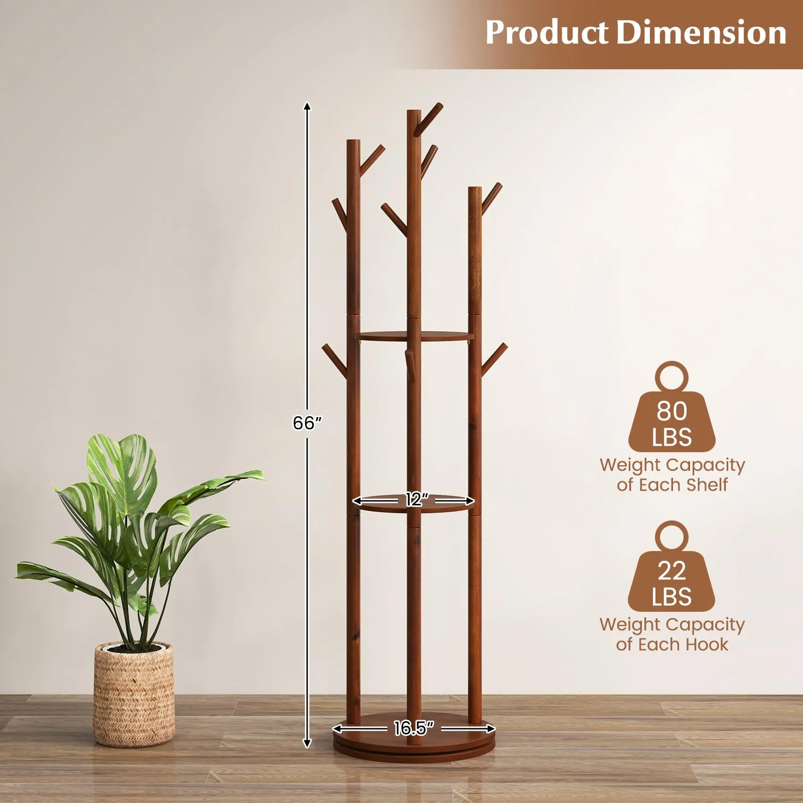 Tangkula Coat Rack Freestanding, Rotary Wooden Coat Tree with 3 Display Storage Shelves & 9 Hooks for Coats