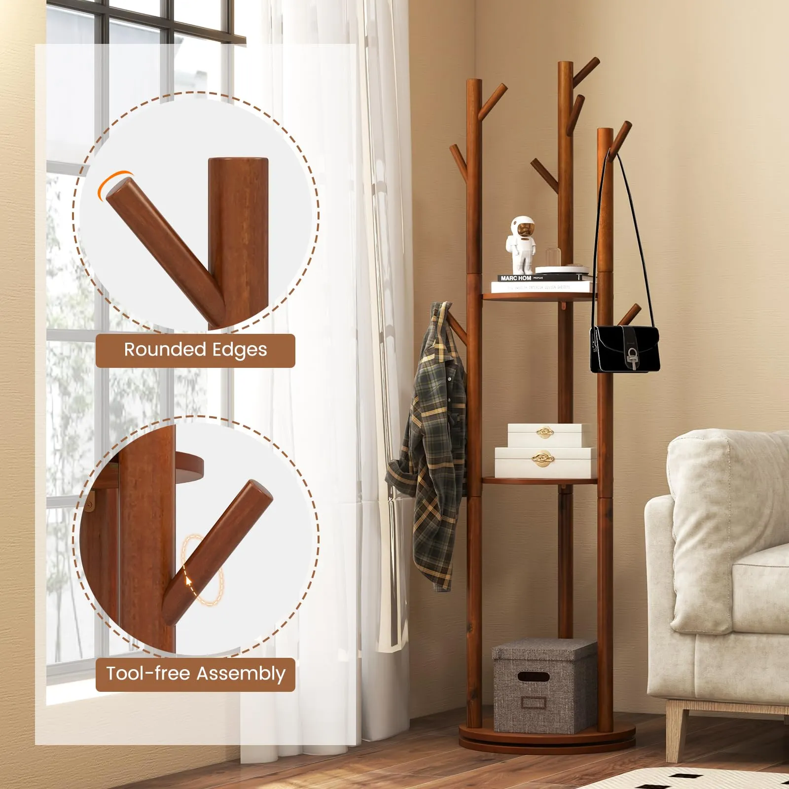 Tangkula Coat Rack Freestanding, Rotary Wooden Coat Tree with 3 Display Storage Shelves & 9 Hooks for Coats