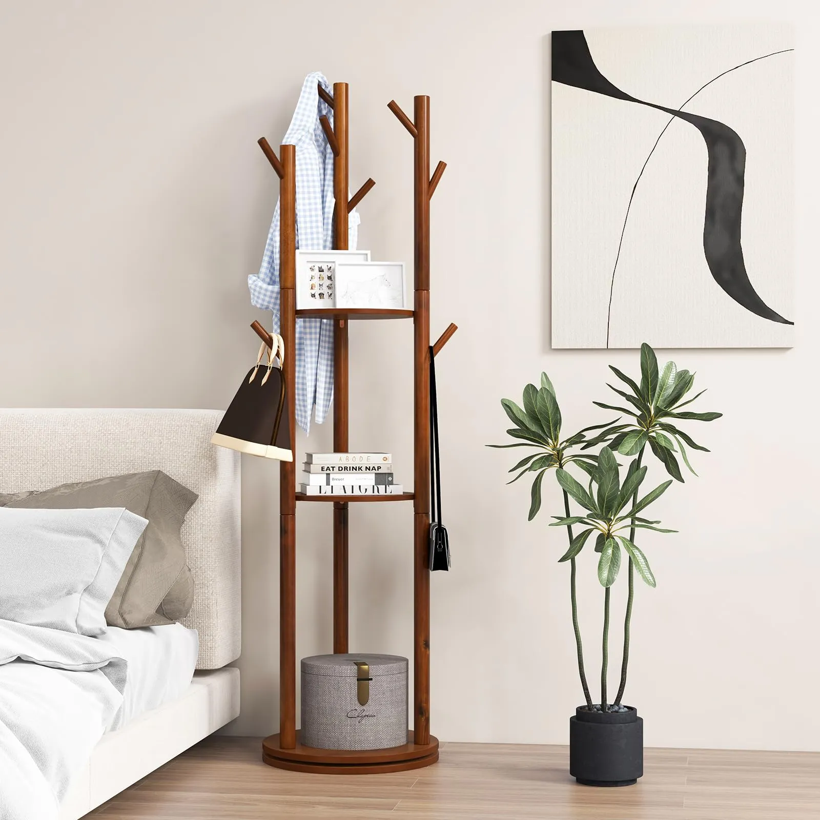 Tangkula Coat Rack Freestanding, Rotary Wooden Coat Tree with 3 Display Storage Shelves & 9 Hooks for Coats