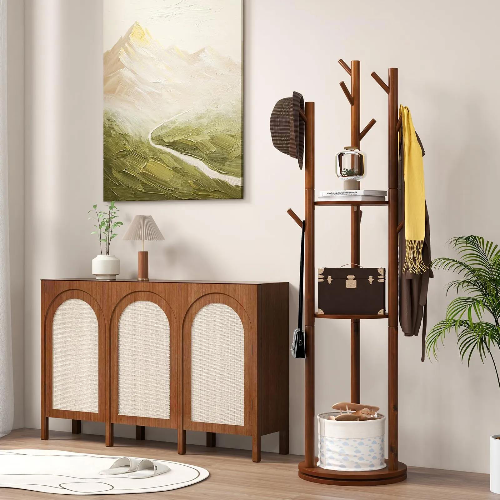 Tangkula Coat Rack Freestanding, Rotary Wooden Coat Tree with 3 Display Storage Shelves & 9 Hooks for Coats