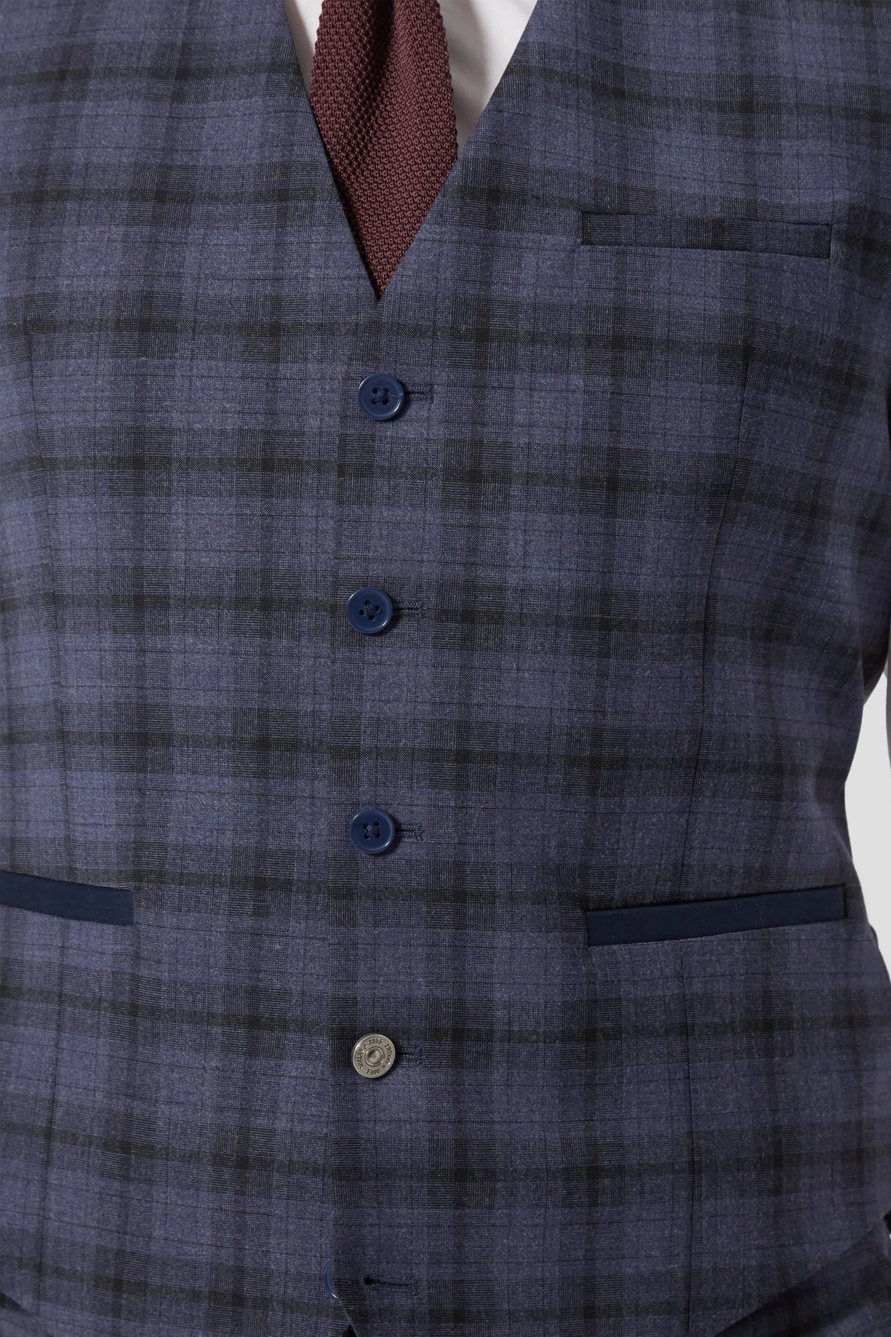 Timble Slim Fit Blue Check Wool Waistcoat - ARCHIVE