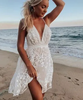 V Neck Crochet Long Spaghetti Strap Lace Embroidery Maxi Ruffle Flowy Beach Sundress Casual Summer Dress