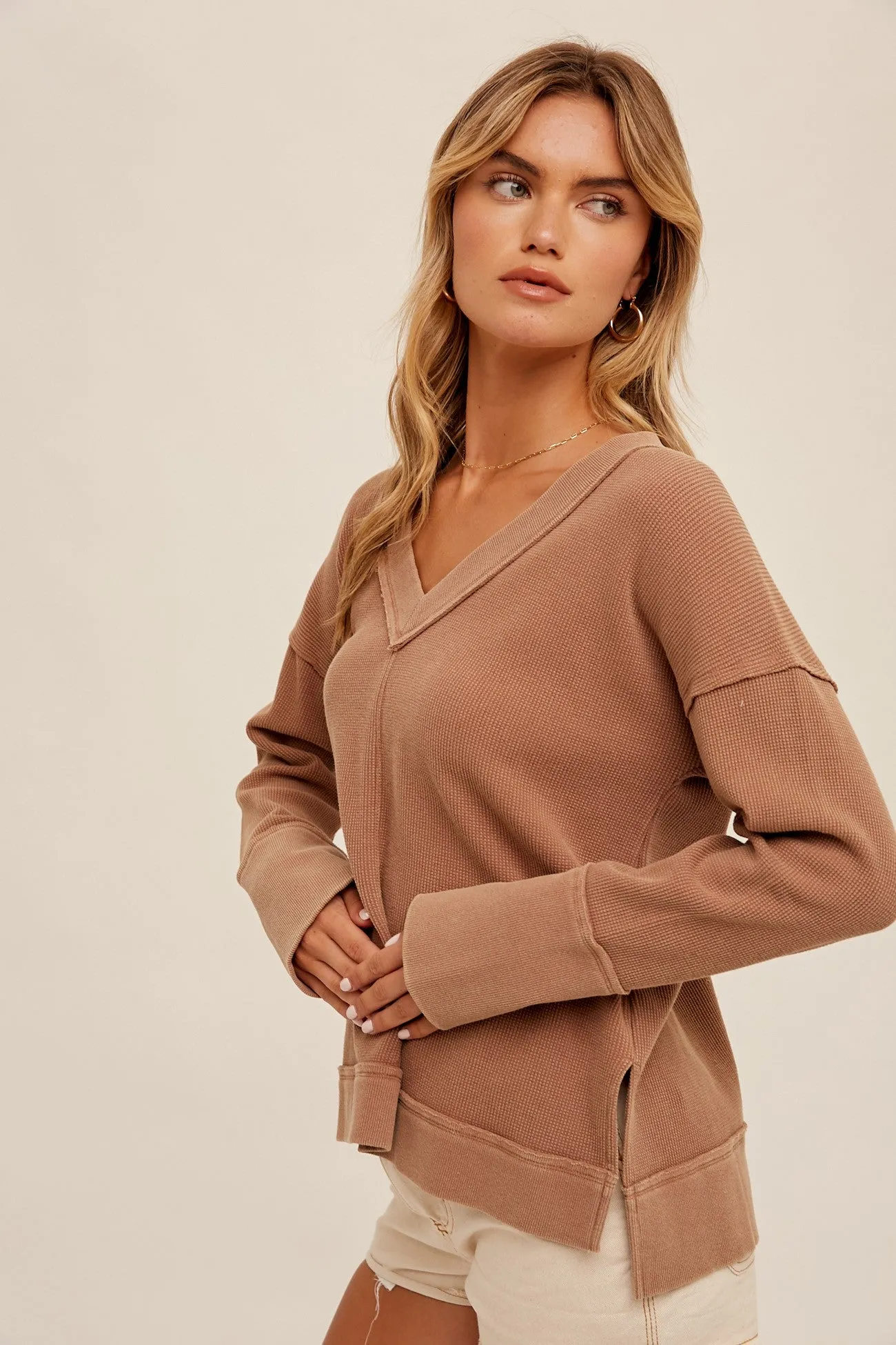 V-Neck Thermal Knit Long Sleeve Top